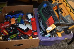 A selection of die cast toy cars and trucks including Hotwheels and Matchbox