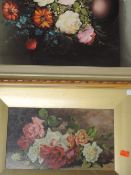 An oil painting, J Aldus, still life, signed and dated 1945, 18 x 30cm, framed and glazed, and an