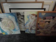 Eight pictures, a selection of sketches and mixed media, nude studies, inc Guilt, 50 x 50cm, five