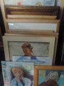 Twenty one oil paintings attributed to Michael Jenkins, portrait studies, inc Blue girl and cat,