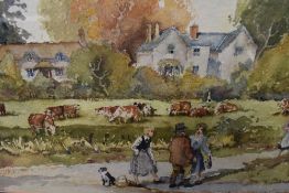 A watercolour, bucolic village scene, 47 x 68cm, framed and glazed