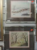 A pair prints after Helen Bradley, landscapes, 20 x 26cm, framed and glazed