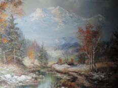 An oil painting, John Corcoran, mountainous scene, signed, 60 x 90cm, framed