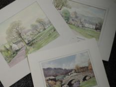Three watercolours, Neil Taylor, Cartmel, singed and dated 1976, 28 x 28cm, village scene, and river