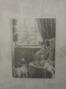 An engraving, after Frank Paton, Are you there, humorous dog interest, signed, 26 x 20cm, framed and