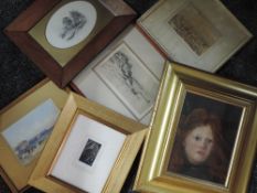 A selection of pictures inc oil painting, The Green Room, portrait study, 22 x 18cm, framed and