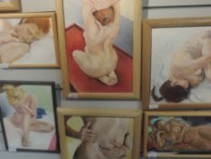 Six oil paintings, attributed to Michael Jenkins, nude studies, inc, yoga, 38 x 25cm, framed