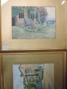 A watercolour, A Wolfenden, church yard, signed, 23 x 31cm, framed and glazed, and a similar