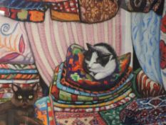 An acrylic painting, G Fry, cats and rugs, signed, 55 x 76cm, framed and glazed
