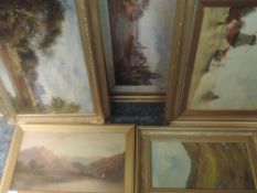 Five oil paintings, inc De Breanski, Loch scene, 24 x 44cm, framed