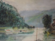 An oil painting on board, Frank Hend, lake scene, indistinctly signed, 41 x 59cm, and an oil