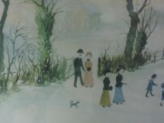 A print after Helen Bradley, Miss Carter series, winter scene, signed 30 x 40cm, framed and glazed