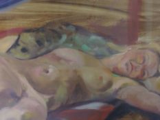An oil painting, Michael Jenkins, nude study, Sleeping, monogrammed and dated (20)06, 53 x 73cm,