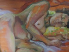 Four oil paintings, attributed to Michael Jenkins, inc, Ashia lying beside her cat, 28 x 39cm,