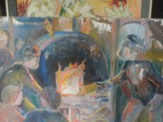 Thirteen oil paintings, attributed to Michael Jenkins, inc covid style mask forerunner, 50 x 30cm