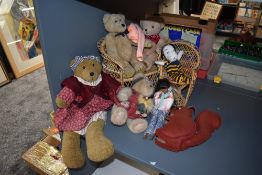 A Mattel Inc 1966 Sindy Doll along with modern Teddy Bears and Wicker Chairs