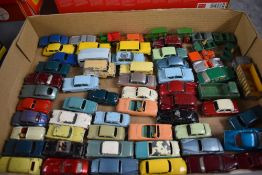 A box of Lesney and similar plaworn diecast cars and vehicles including Moris Minor, Aston Martin,