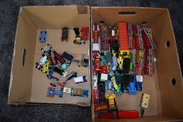 Two boxes of mixed playworn diecasts including Matchbox Massey Ferguson and Fordson Major
