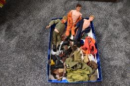 Three 1964 Pallitoys Action Men with clothing, extra clothing and accessories
