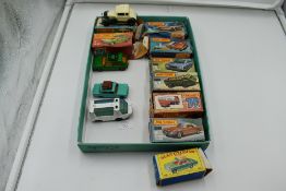 A Matchbox Lesney diecast, Fiat 1500 in sea green with original box 56, two Matchbox 75 diecasts, VW