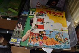 A box of 1970's and later Comics and magazines including Victor, The Hornet, Lion, Hotspur, Look