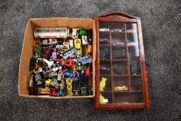 A box of mixed vintage diecast and plastic vehicles including Learning Curve Thomas Accessories,
