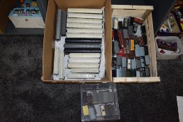 Three boxes of Triang, Hornby and similar Rolling stock including carriages, Palethorpes, Fisons,