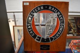 A Presentation Plaque, Great Western Railway Company, on wood stand