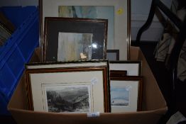 An assortment of vintage and antique etchings and pictures, including Durham, Newcastle and