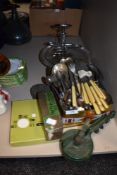 A selection of cutlery and table wares including Spongs bean slicer and biscuit cutters