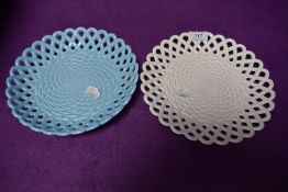 Two Victorian Sowerby vitro porcelain/milk glass plates having basket weave design, one in blue