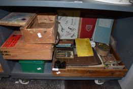 A collection of vintage art supplies and wooden boxes, including paints,pastels and sketch books