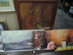 Three mixed pictures, including hunting scene on board.