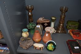 A selection of ceramics and glass including lustre candle sticks and paper weight by Selkirk glass