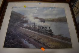 A framed and mounted print depicting steam train on coastal voyage after Dan Breckon.