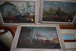 Three framed prints of railway interest.