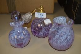 Three items of Caithness glass, a vase, a perfume bottle and a similar one with stopper.
