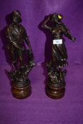 A pair of French spelter nautical themed mantle figures or fisherman and woman
