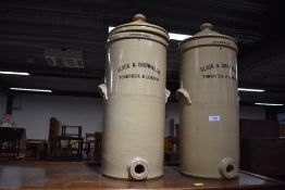 Two stoneware advertising water purification flagons for Slack and Brownlow Tonbridge London