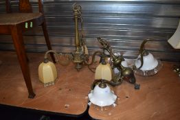 Two vintage brass ceiling light fittings with glass shades
