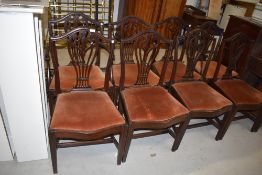 A nice set of eight (six plus two) hepplewhite revival dining chairs, having dralon seats, in need