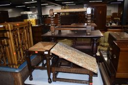 A selection of occasional furniture comprising oak and seagrass stool, priory style gout stool,