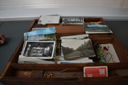 A wooden Writing Slope containing early Postcards, varied subjects, Real Photo's ,Military, two
