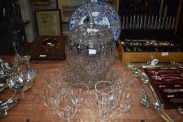A leaded crystal glass punch bowl,with ladle and ten etched glass punch cups.