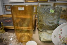 Two large colour glass vase one early design by White Friars (Green Wave) and similar size yellow