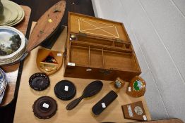 An early 20th century oak desk top correspondence box, having internal compartments and ink well,
