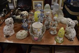 A mixed lot of ceramics including Staffordshire style figurines and dogs, a Coalport toadstool and