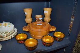 A selection of wooden treen items most are marked made in the U.S.S.R including goblets and tea