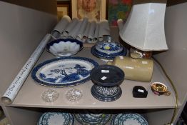 A selection of blue and white Wilton ware, A floral transfer print royal Vienna bowl, a stone hot