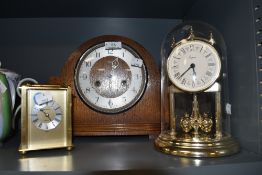 A selection of clocks including Emperor anniversary and art deco Smiths mantle clock with chime
